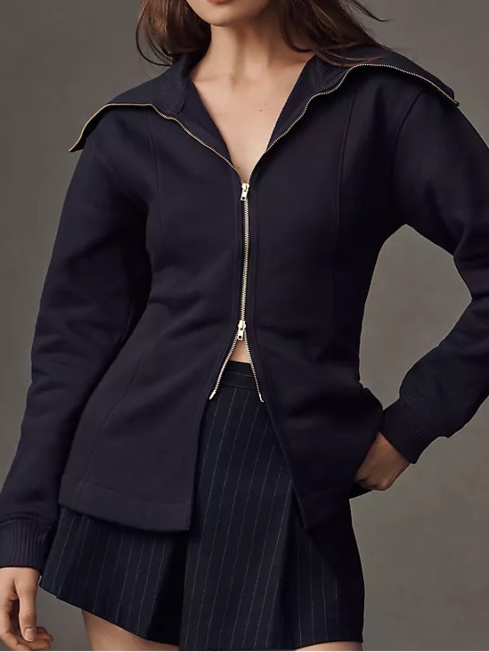 Maeve Long Sleeve Zip Front Top Navy Blue XL Long Sleeve Structured Jacket